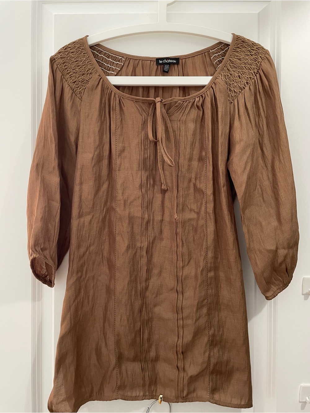 le chateau Brown Tan Peasant Tunic with Tie Neck